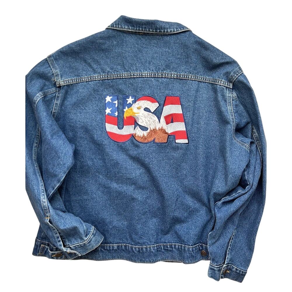 Vintage USA Eagle Denim Jacket Men XL Union Made USA Embroider Trucker Patriotic